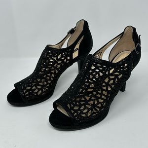 ALEX MARIE Women's Black Rhinestone Web Open Toe Buckle Sz 7 Heels Shoes